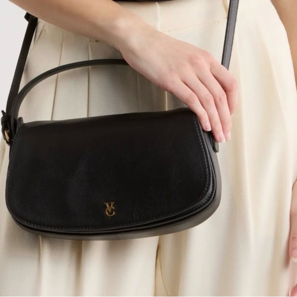 Vince Camuto Black Leather Shoulder Bag with Gold Logo